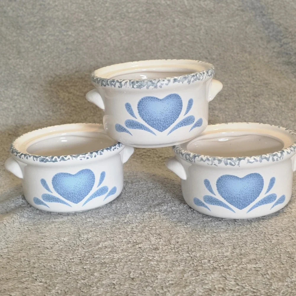 Set of 3 Country Blue Heart Ceramic Covered Soup Crocks No Lids Cottagecore